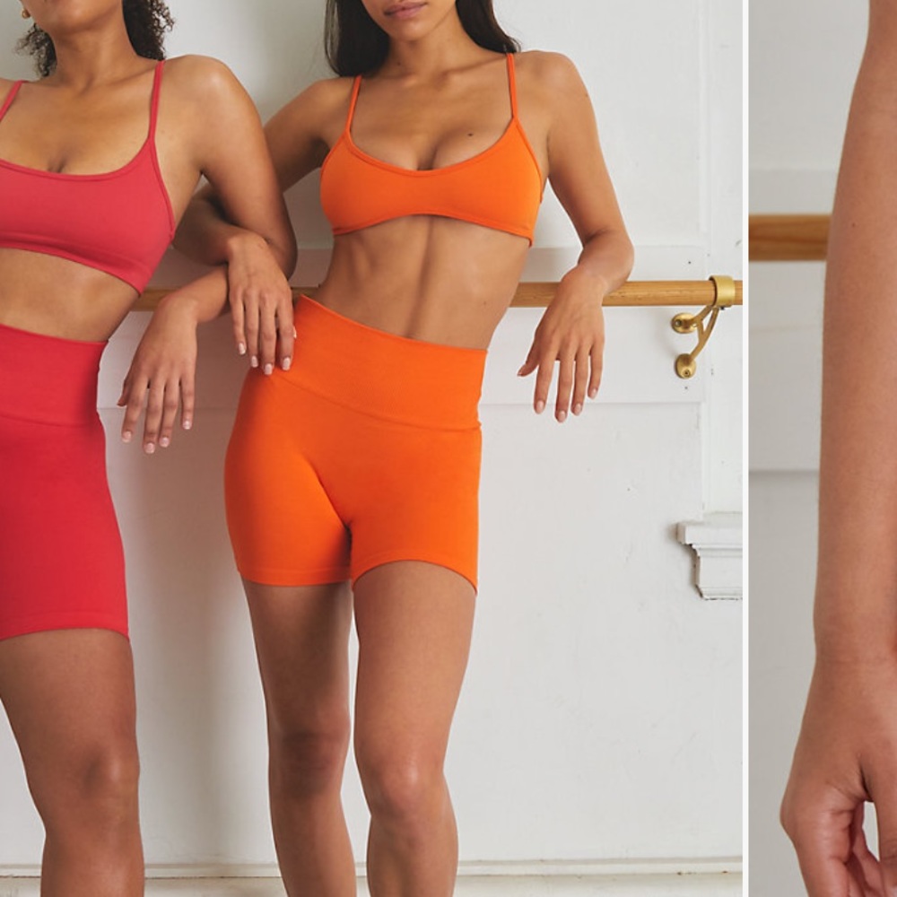 orange aritzia biker shorts and sports bra set